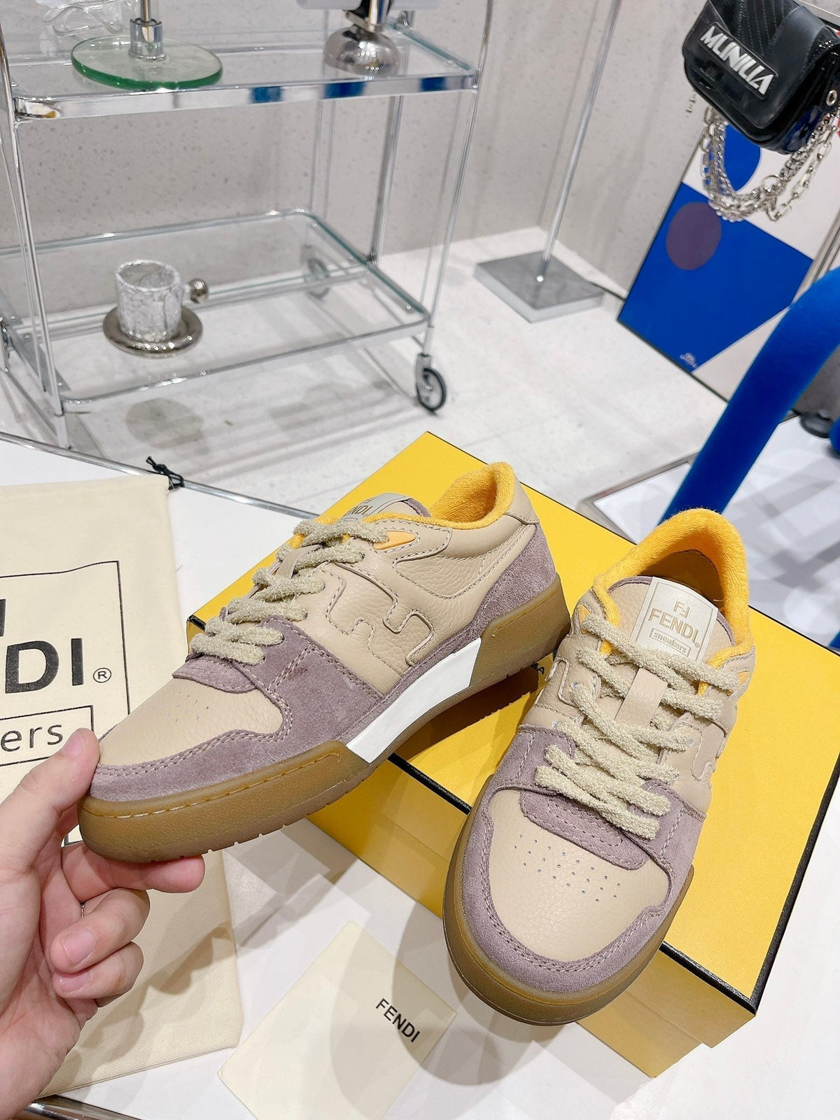 FENDI CASUAL SNEAKER IN TAN BEIGE CALFSKIN AND HEATHER PURPLE SUEDE