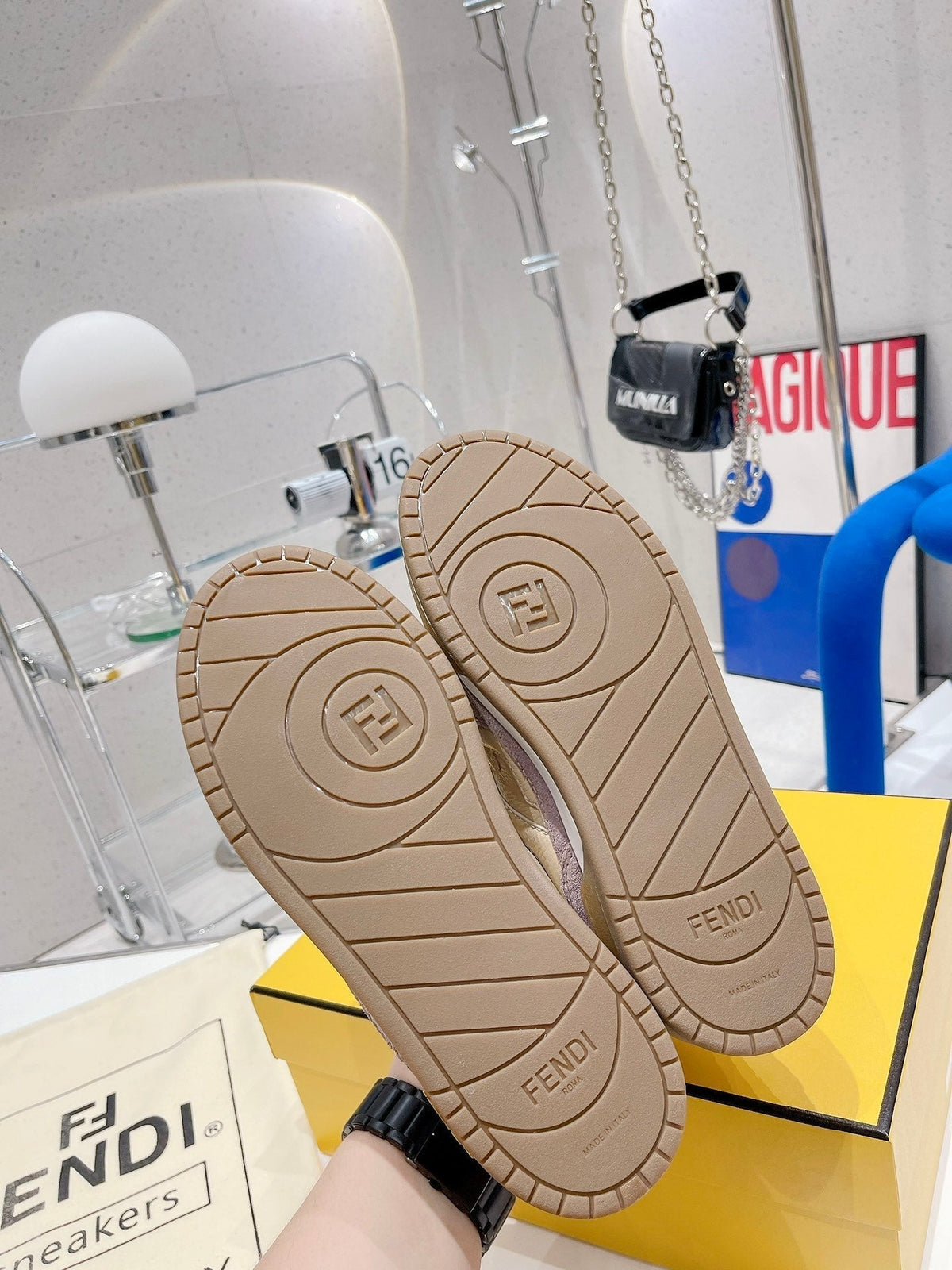 FENDI CASUAL SNEAKER IN TAN BEIGE CALFSKIN AND HEATHER PURPLE SUEDE