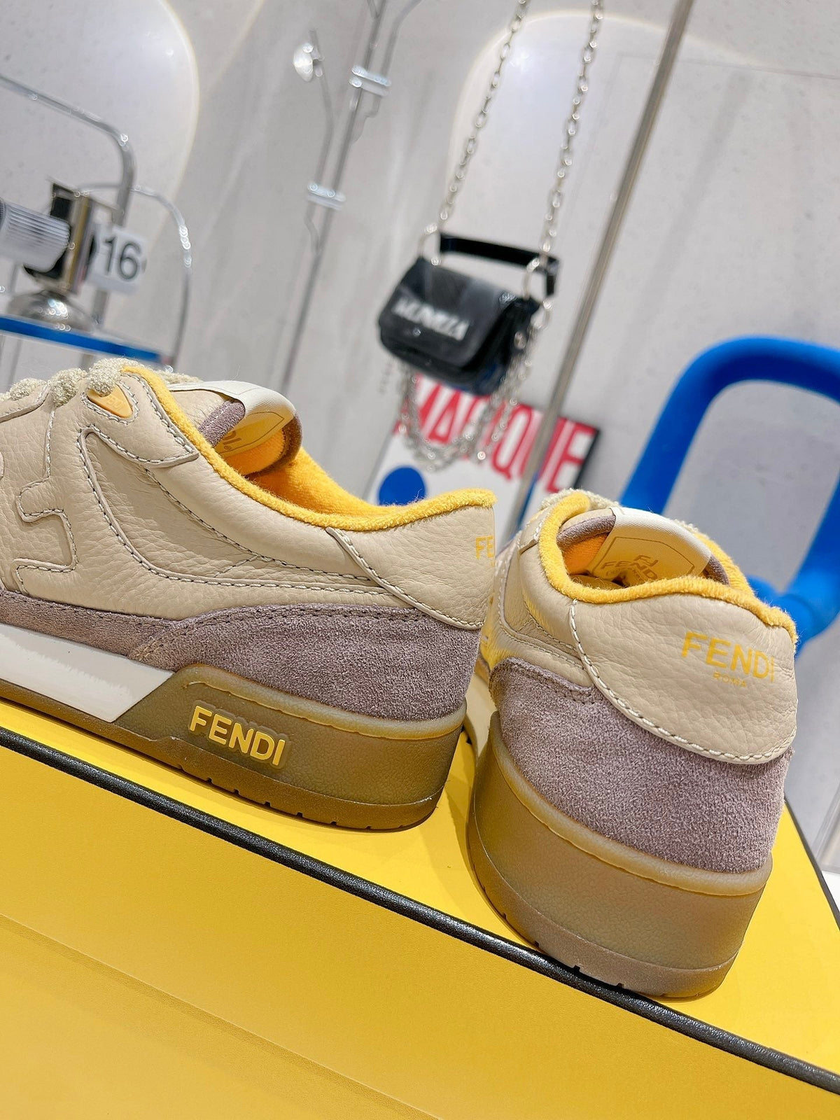 FENDI CASUAL SNEAKER IN TAN BEIGE CALFSKIN AND HEATHER PURPLE SUEDE