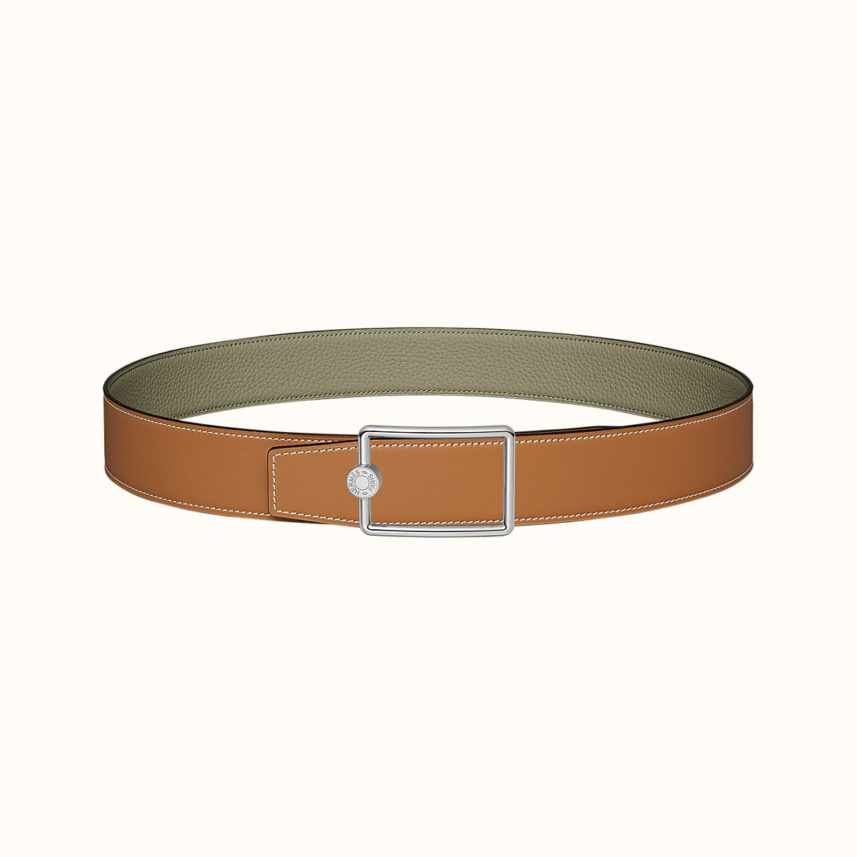 OSCAR BELT BUCKLE & REVERSIBLE KHAKI BROWN AND ORANGE LEATHER STRAP 38MM SILVER HARDWARE