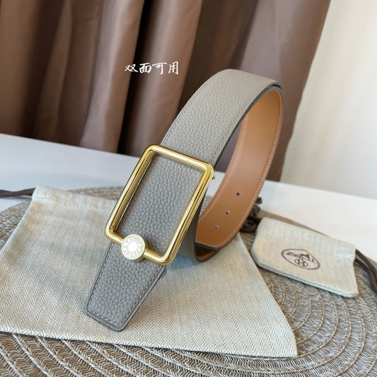 OSCAR BELT BUCKLE & REVERSIBLE KHAKI BROWN AND ORANGE LEATHER STRAP 38MM GOLD HARDWARE