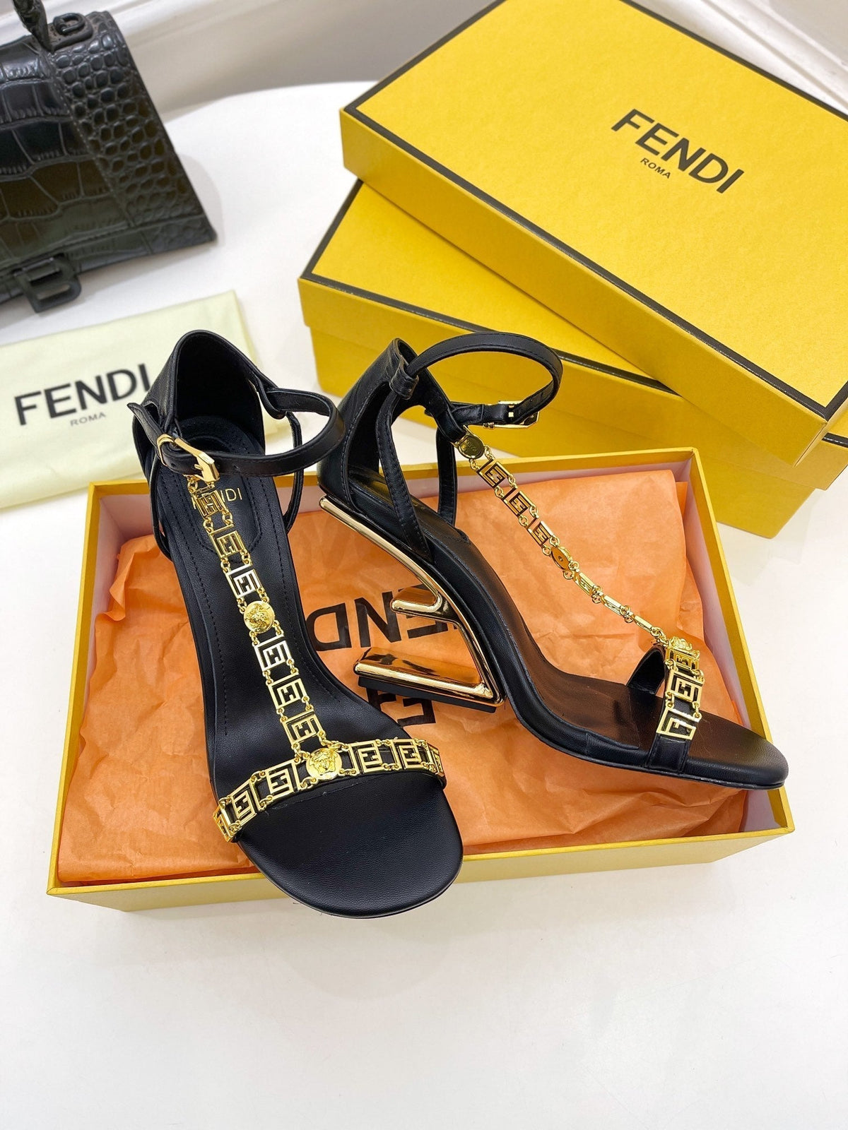 FENDI HIGH-HEELED 85 MM SANDALS IN BLACK LAMBSKIN WITH GOLD HARDWARE