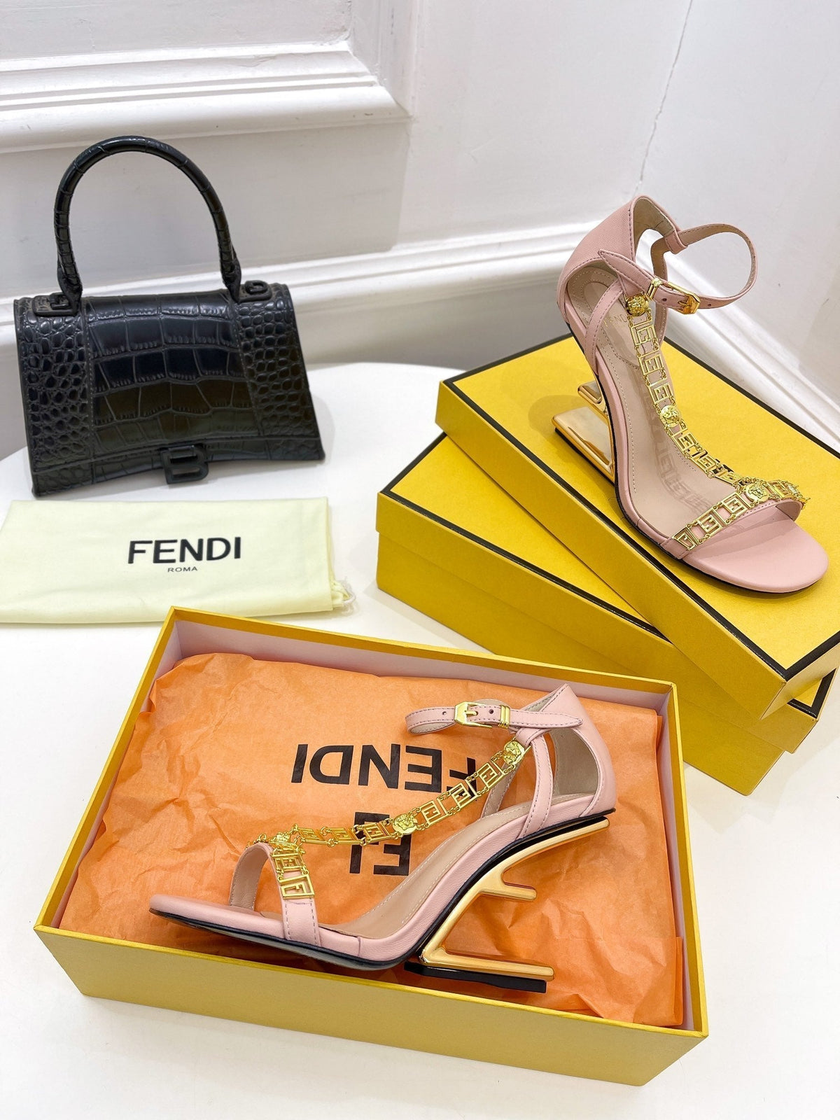 FENDI HIGH-HEELED 85 MM SANDALS IN LIGHT PINK LAMBSKIN WITH GOLD HARDWARE