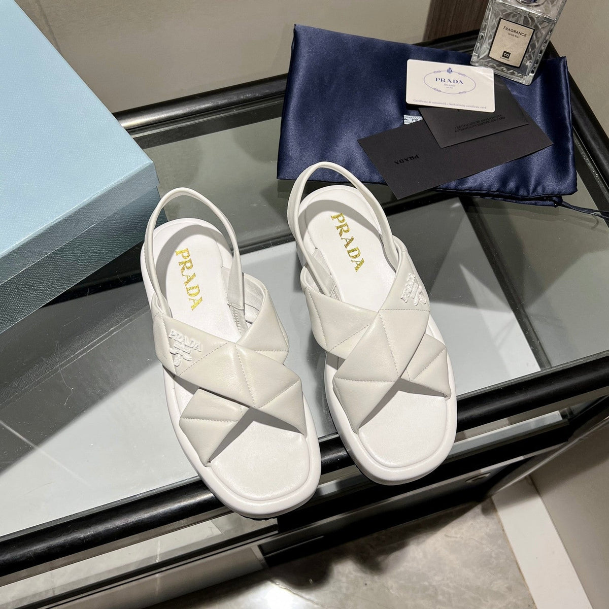 PRA PADDED CRISSCROSS SANDALS WHITE LAMBSKIN