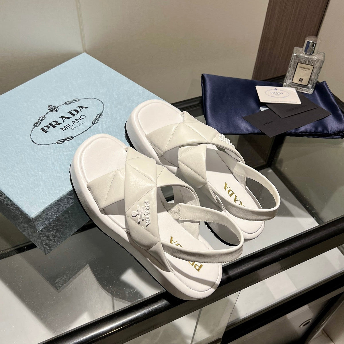 PRA PADDED CRISSCROSS SANDALS WHITE LAMBSKIN