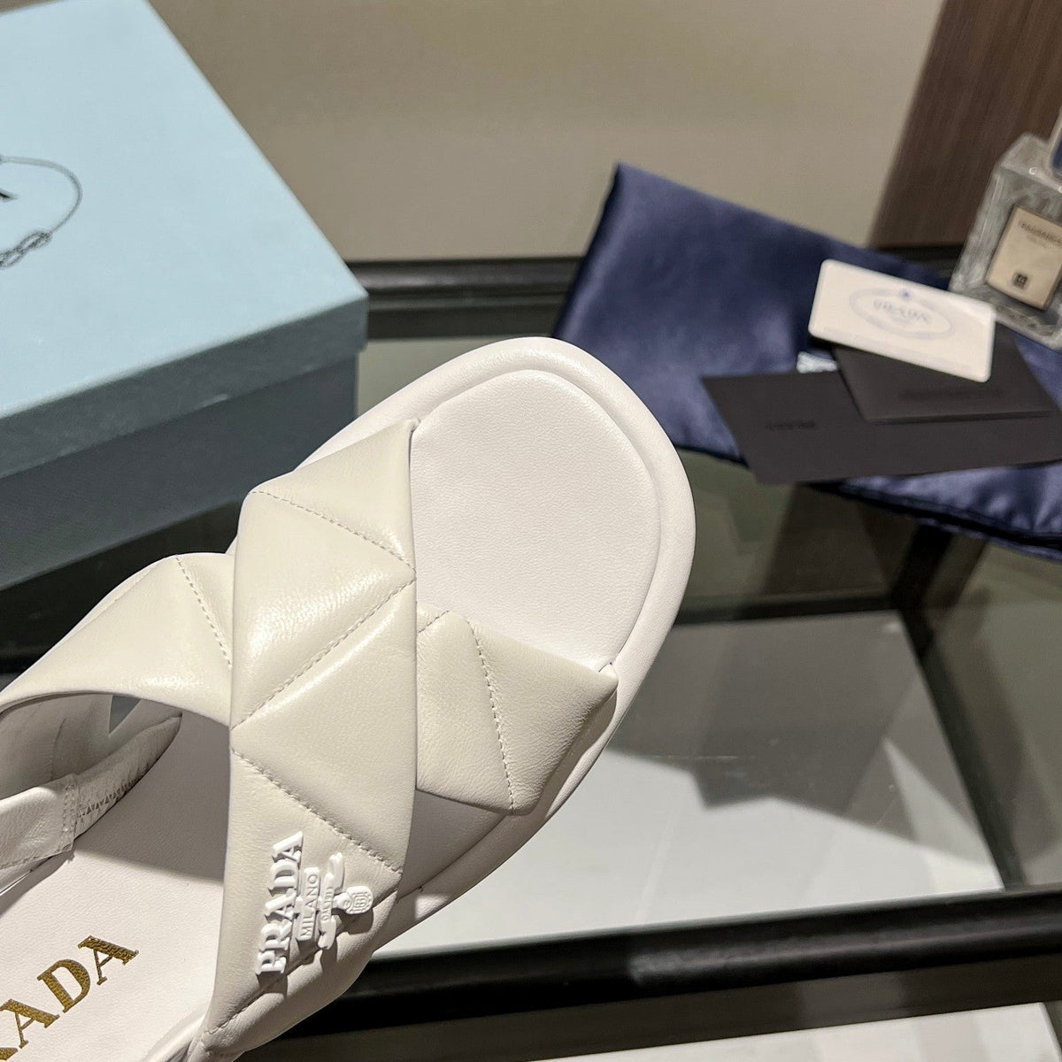 PRA PADDED CRISSCROSS SANDALS WHITE LAMBSKIN