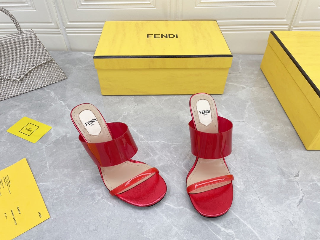 FENDI FIRST 95 MM HIGH-HEELED SANDAL IN CHERRY RED TPU FILM AND LAMBSKIN