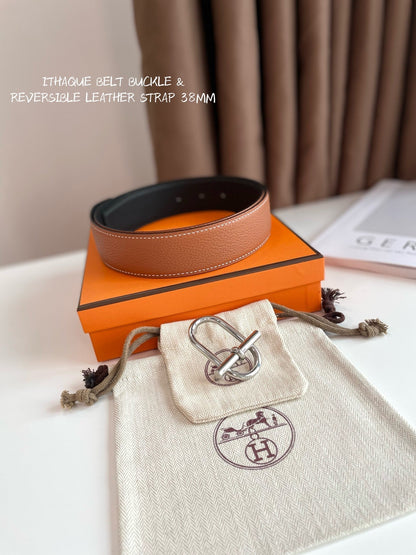HM ITHAQUE BELT SILVER BUCKLE & REVERSIBLE CINNAMON BROWN AND BLACK LEATHER STRAP 38MM