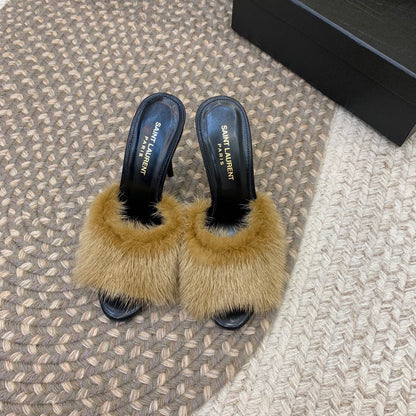 LA 16 HEELED MULES IN DRIED MOSS RABBIT FUR AND SMOOTH LAMBSKIN