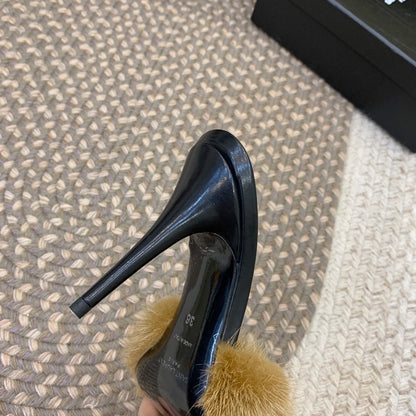 LA 16 HEELED MULES IN DRIED MOSS RABBIT FUR AND SMOOTH LAMBSKIN