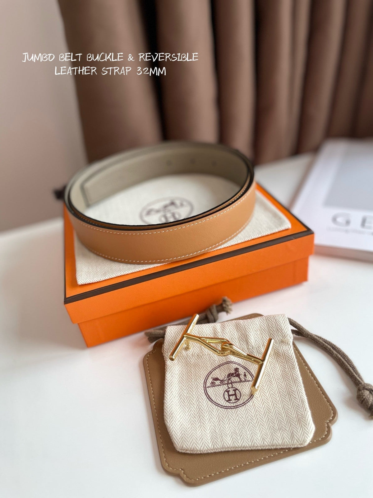 JUMBO BELT GOLD BUCKLE & REVERSIBLE CAMEL BROWN AND ORANGE LEATHER STRAP 32MM