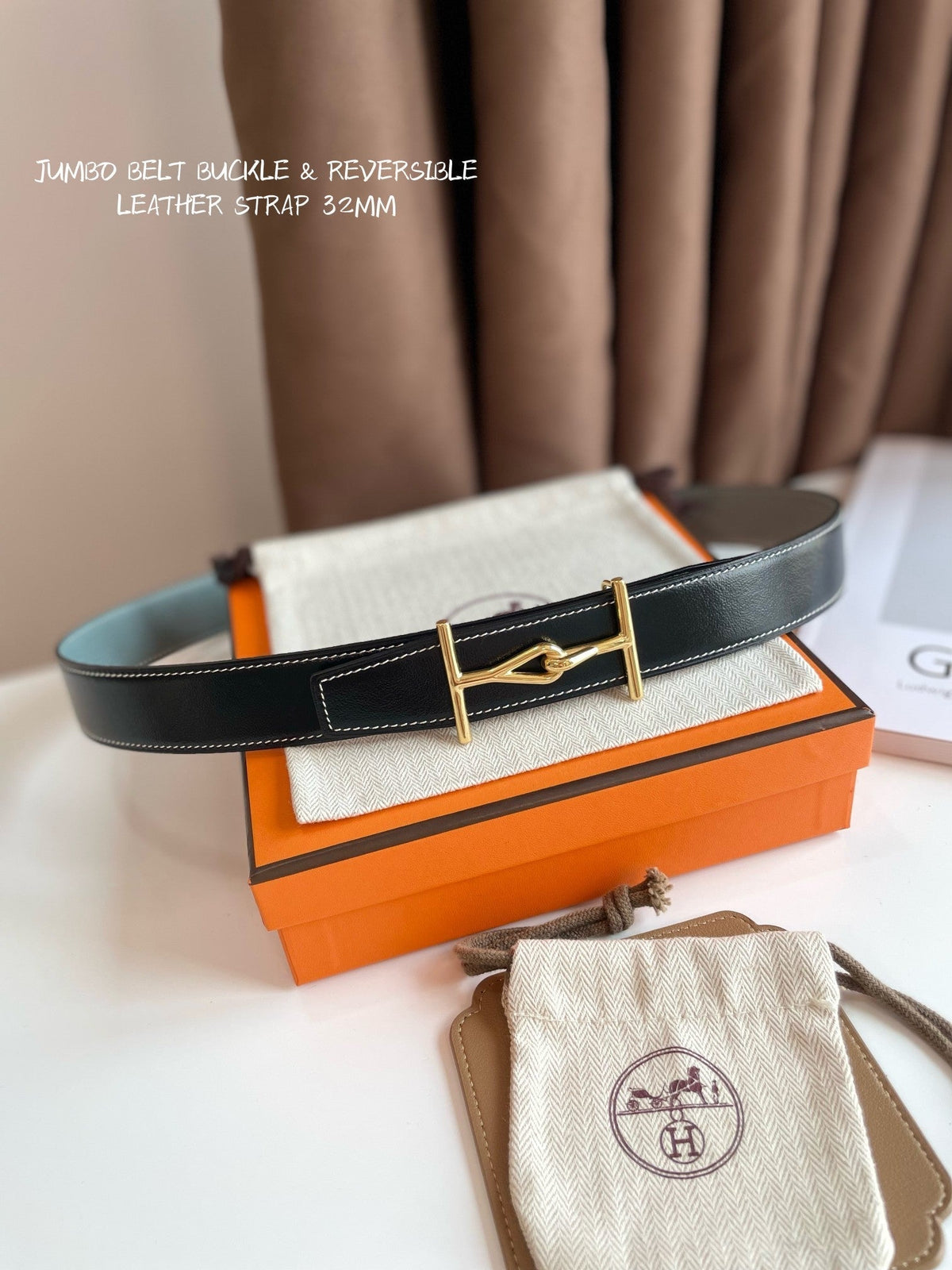 JUMBO BELT GOLD BUCKLE & REVERSIBLE ASH GREEN AND BLACK LEATHER STRAP 32MM