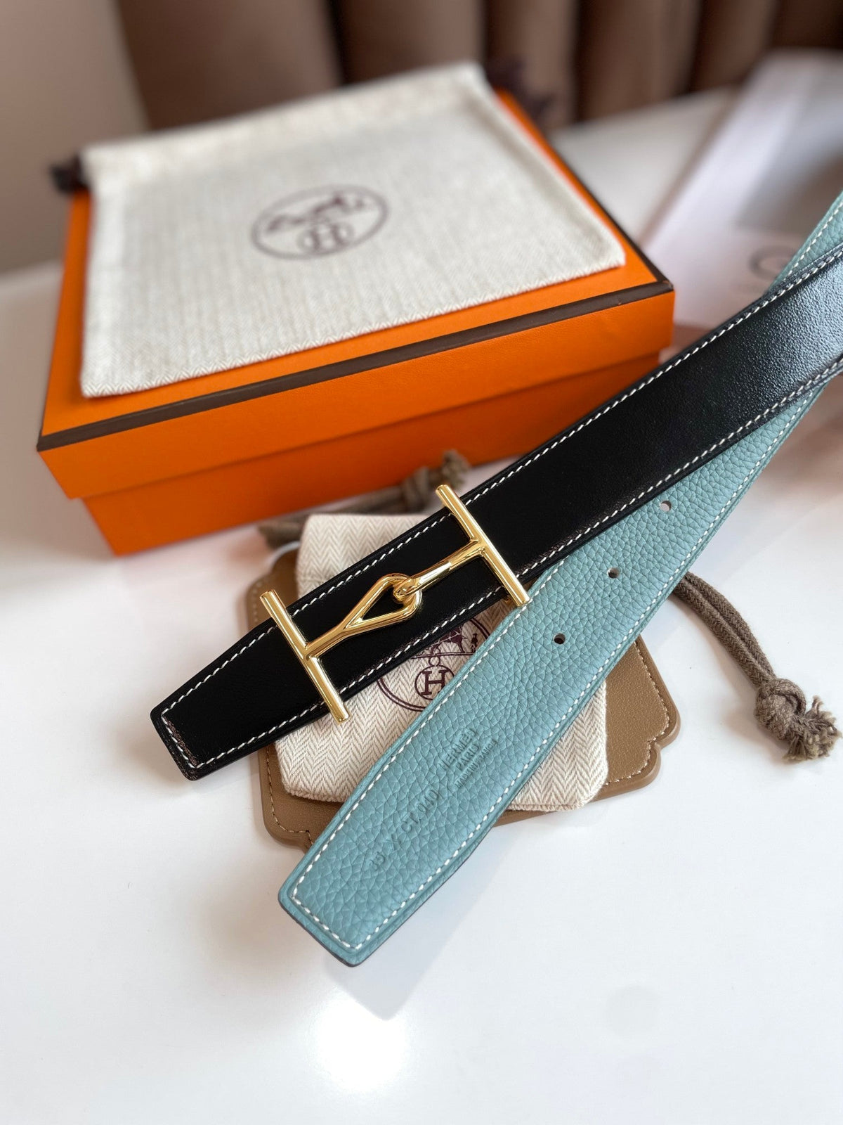 JUMBO BELT GOLD BUCKLE & REVERSIBLE ASH GREEN AND BLACK LEATHER STRAP 32MM