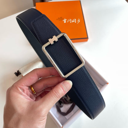 TUBE H BELT SILVER BUCKLE & REVERSIBLE NAVY BLUE LEATHER STRAP 38MM