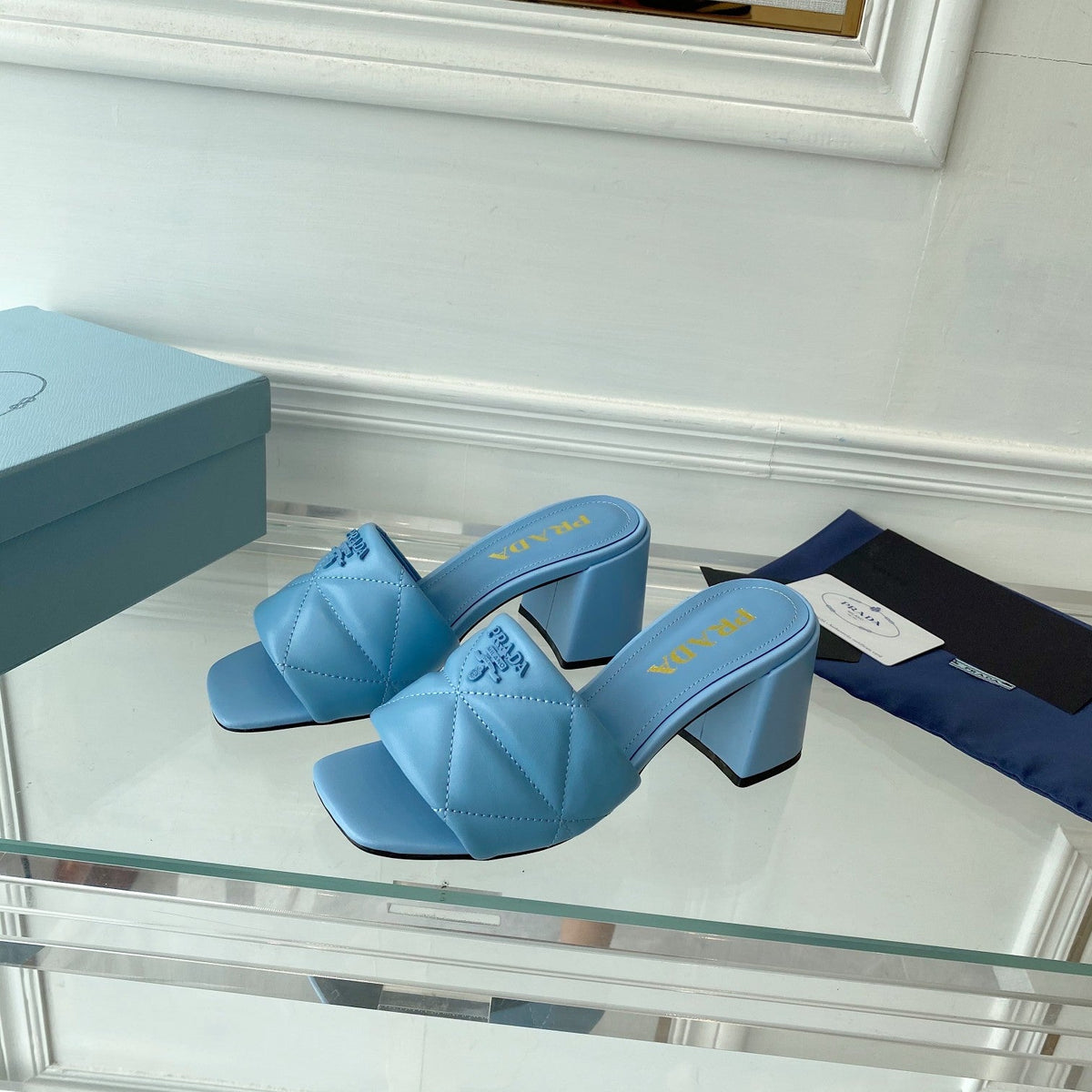 PRA QUILTED NAPPA HEELED SANDALS SKY LAMBSKIN
