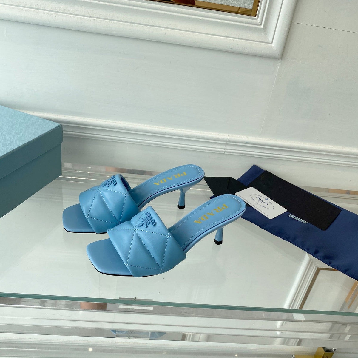 PRA QUILTED HIGH HEELS SANDALS 65 SKY LAMBSKIN