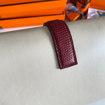 JIGE ELAN 29 CLUTCH IN WHITE CALFSKIN WITH GARNET RED LIZARD SKIN
