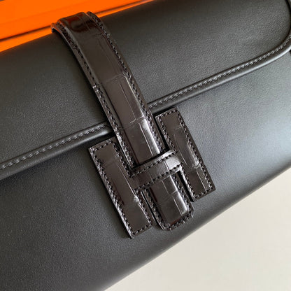 JIGE ELAN 29 CLUTCH IN BLACK CALFSKIN WITH LIZARD SKIN