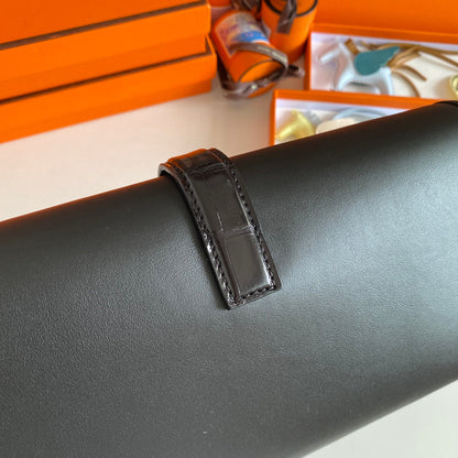 JIGE ELAN 29 CLUTCH IN BLACK CALFSKIN WITH LIZARD SKIN