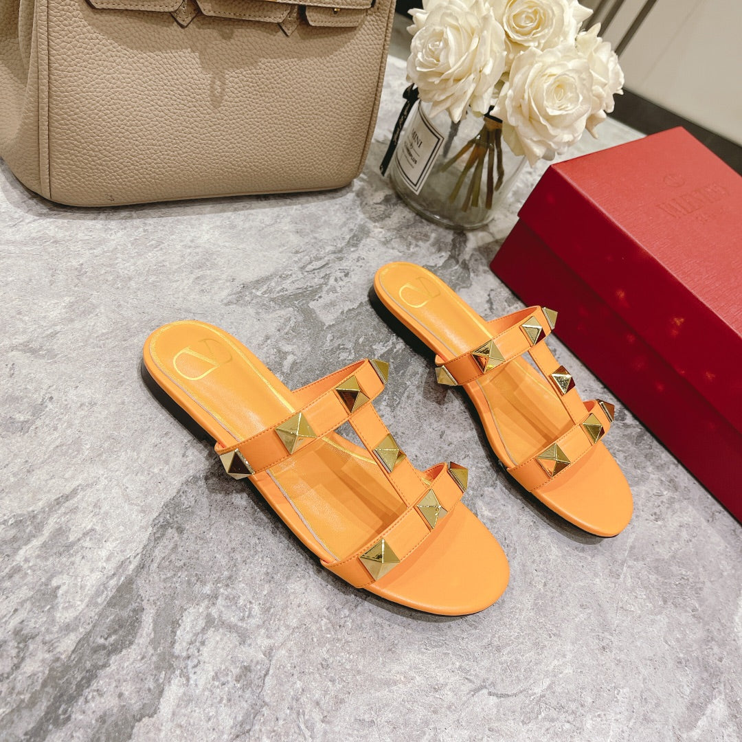 ROMAN STUD MANGO ORANGE CALFSKIN FLAT SLIDE SANDAL 25 MM