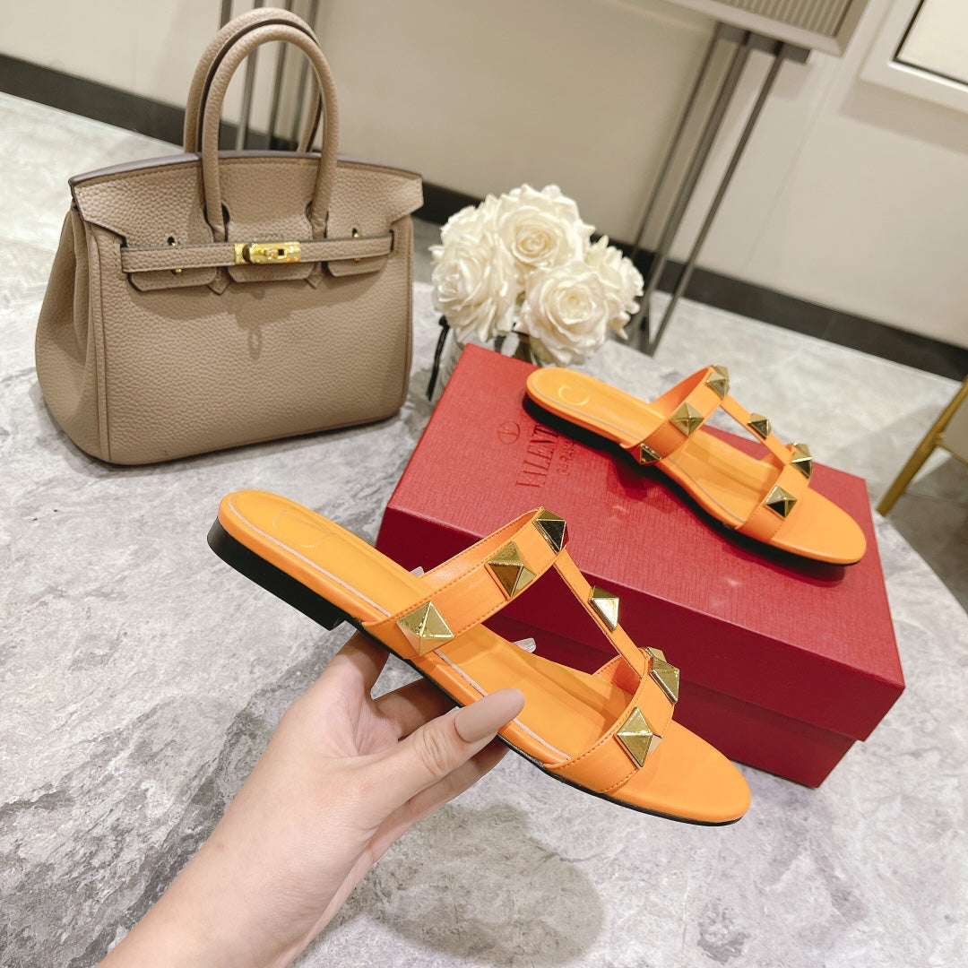 ROMAN STUD MANGO ORANGE CALFSKIN FLAT SLIDE SANDAL 25 MM