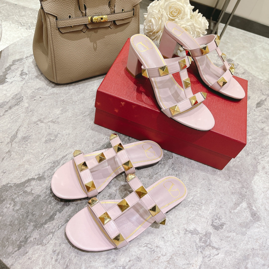ROMAN STUD PASTEL PINK CALFSKIN SLIDE SANDAL 60 MM