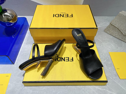 FENDI FIRST 95 MM HIGH-HEELED SANDAL IN BLACK LAMBSKIN GOLD HARDWARE