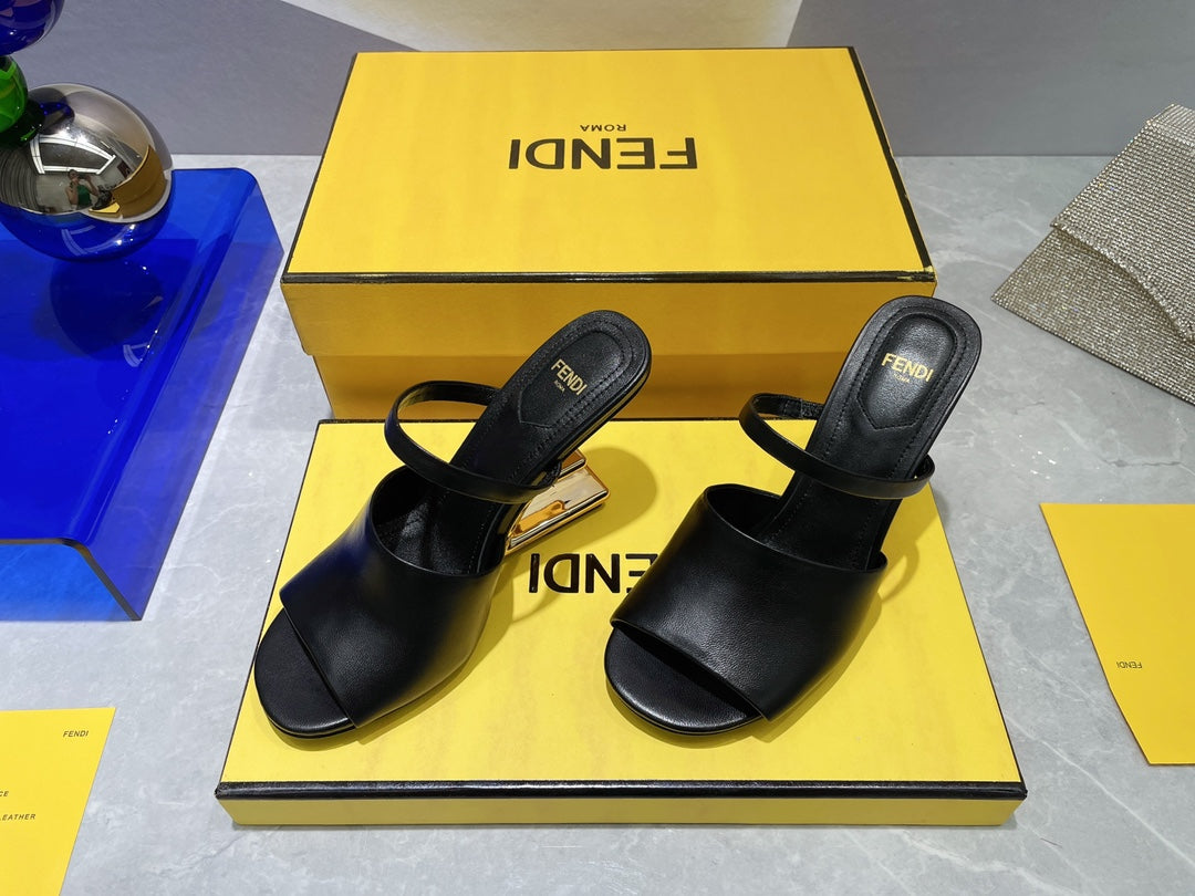FENDI FIRST 95 MM HIGH-HEELED SANDAL IN BLACK LAMBSKIN GOLD HARDWARE