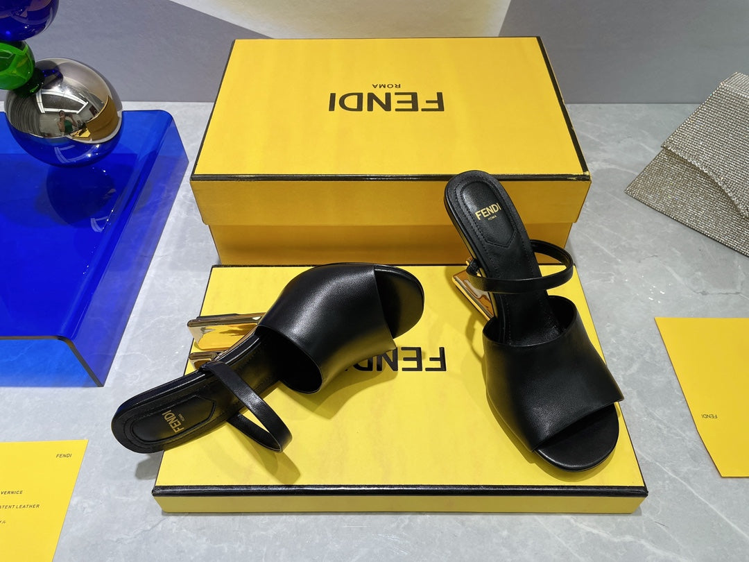 FENDI FIRST 95 MM HIGH-HEELED SANDAL IN BLACK LAMBSKIN GOLD HARDWARE