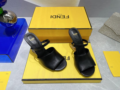 FENDI FIRST 95 MM HIGH-HEELED SANDAL IN BLACK LAMBSKIN GOLD HARDWARE