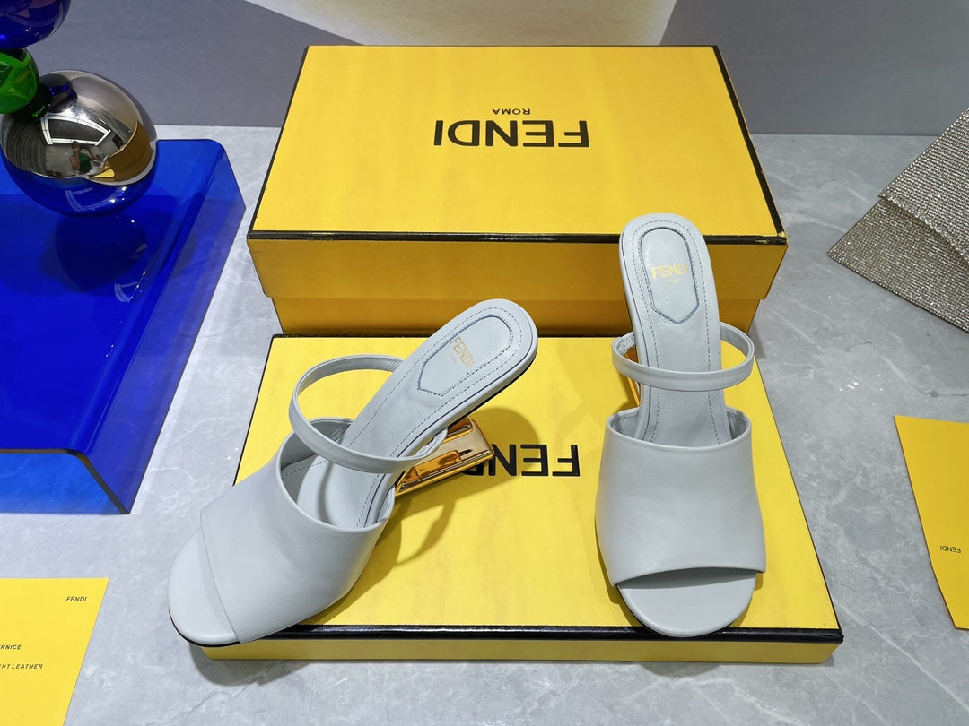 FENDI FIRST 95 MM HIGH-HEELED SANDAL IN CLOUD GREY LAMBSKIN GOLD HARDWARE