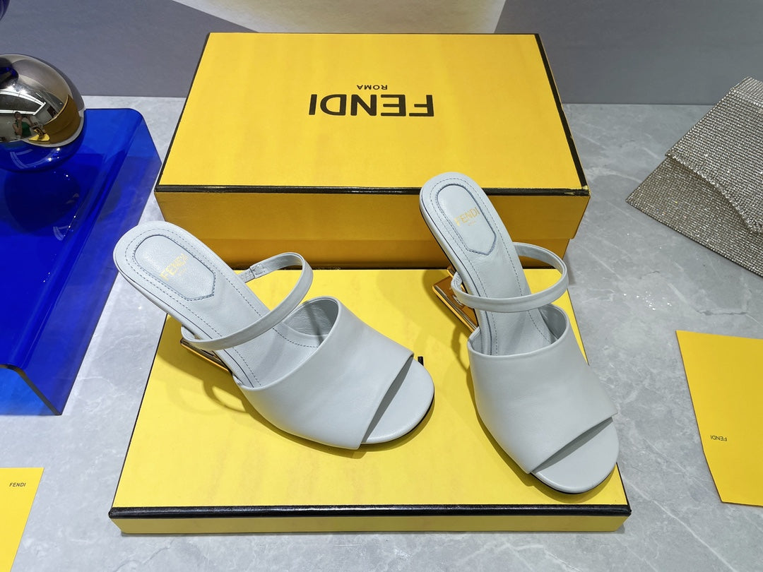 FENDI FIRST 95 MM HIGH-HEELED SANDAL IN CLOUD GREY LAMBSKIN GOLD HARDWARE