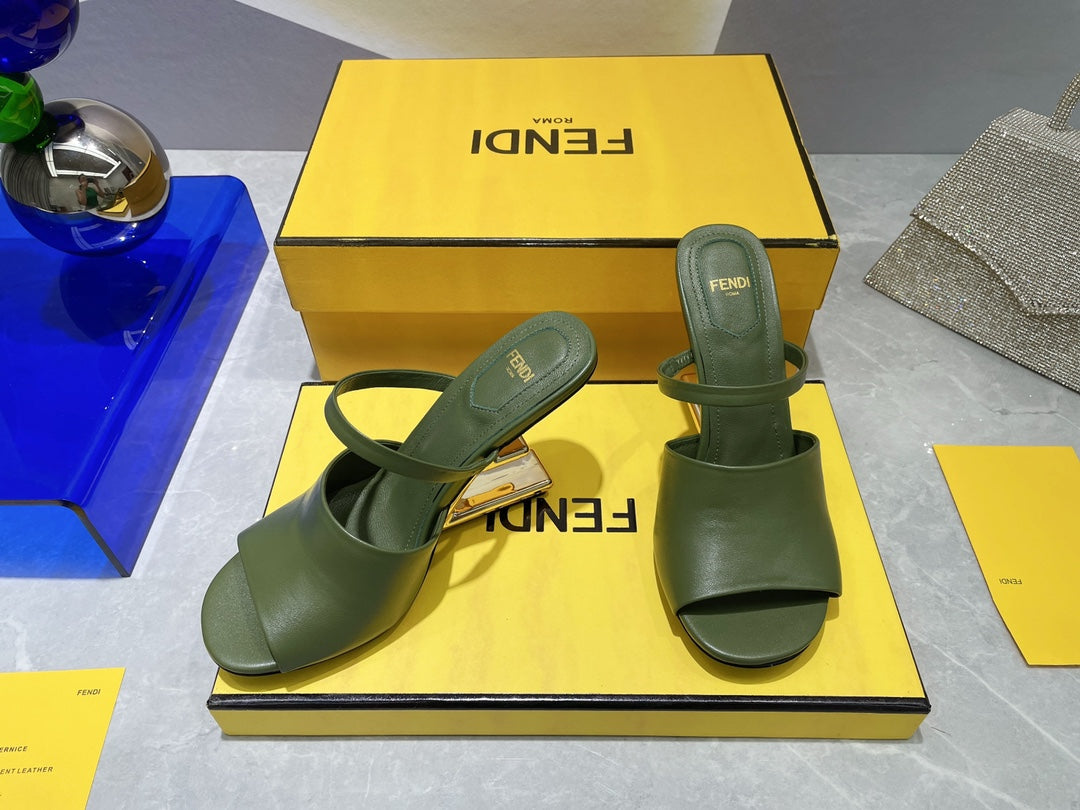 FENDI FIRST 95 MM HIGH-HEELED SANDAL IN OLIVE GREEN LAMBSKIN GOLD HARDWARE