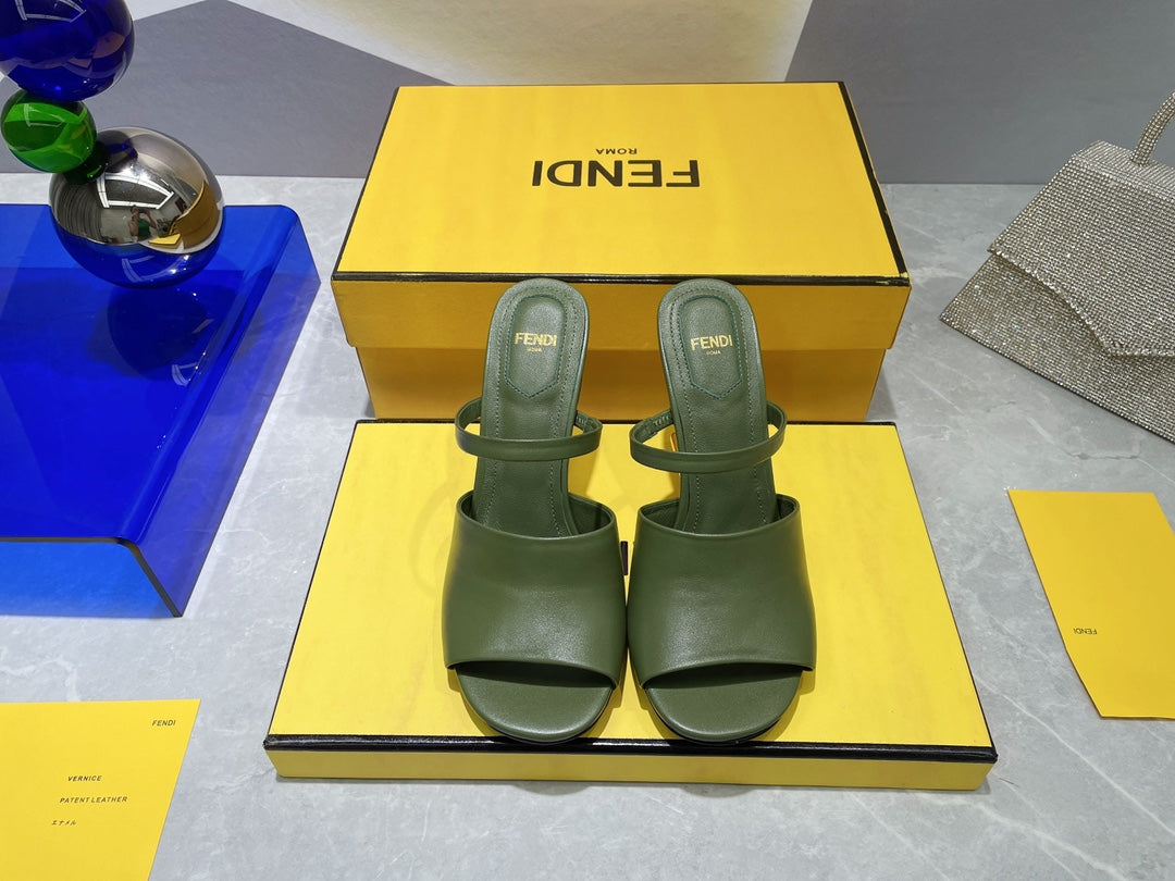 FENDI FIRST 95 MM HIGH-HEELED SANDAL IN OLIVE GREEN LAMBSKIN GOLD HARDWARE
