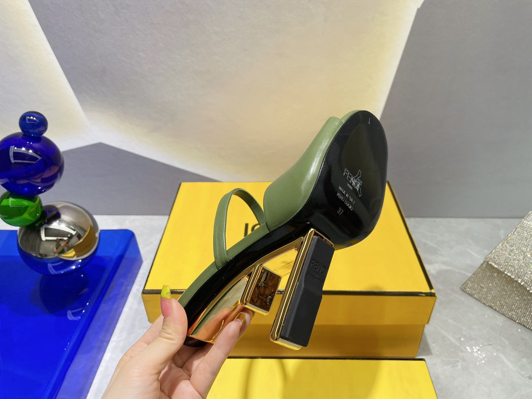 FENDI FIRST 95 MM HIGH-HEELED SANDAL IN OLIVE GREEN LAMBSKIN GOLD HARDWARE