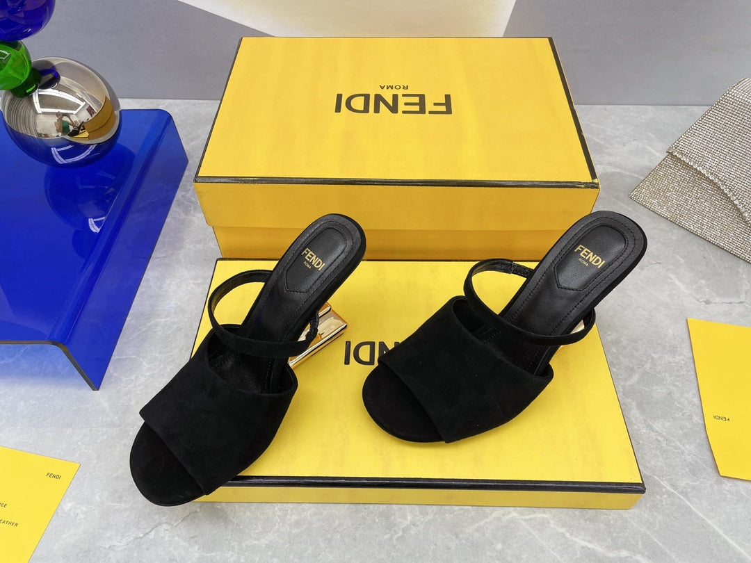 FENDI FIRST 95 MM HIGH-HEELED SANDAL IN BLACK SUEDE GOLD HARDWARE