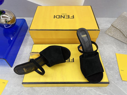 FENDI FIRST 95 MM HIGH-HEELED SANDAL IN BLACK SUEDE GOLD HARDWARE