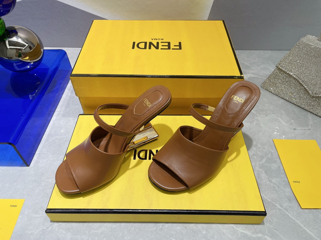 FENDI FIRST 95 MM HIGH-HEELED SANDAL IN SEPIA BROWN LAMBSKIN GOLD HARDWARE