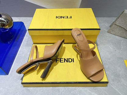FENDI FIRST 95 MM HIGH-HEELED SANDAL IN CAMEL BROWN LAMBSKIN GOLD HARDWARE