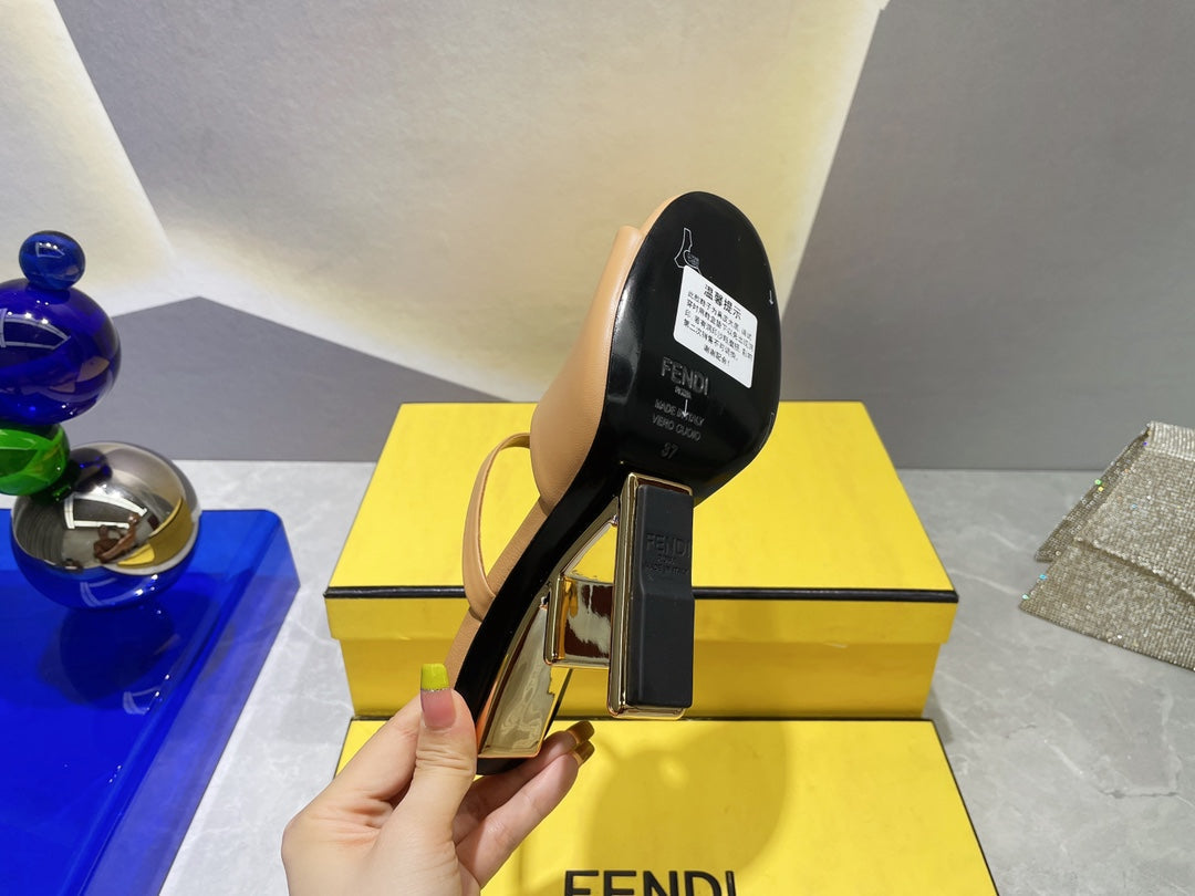 FENDI FIRST 95 MM HIGH-HEELED SANDAL IN CAMEL BROWN LAMBSKIN GOLD HARDWARE