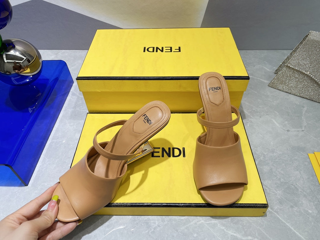 FENDI FIRST 95 MM HIGH-HEELED SANDAL IN CAMEL BROWN LAMBSKIN GOLD HARDWARE