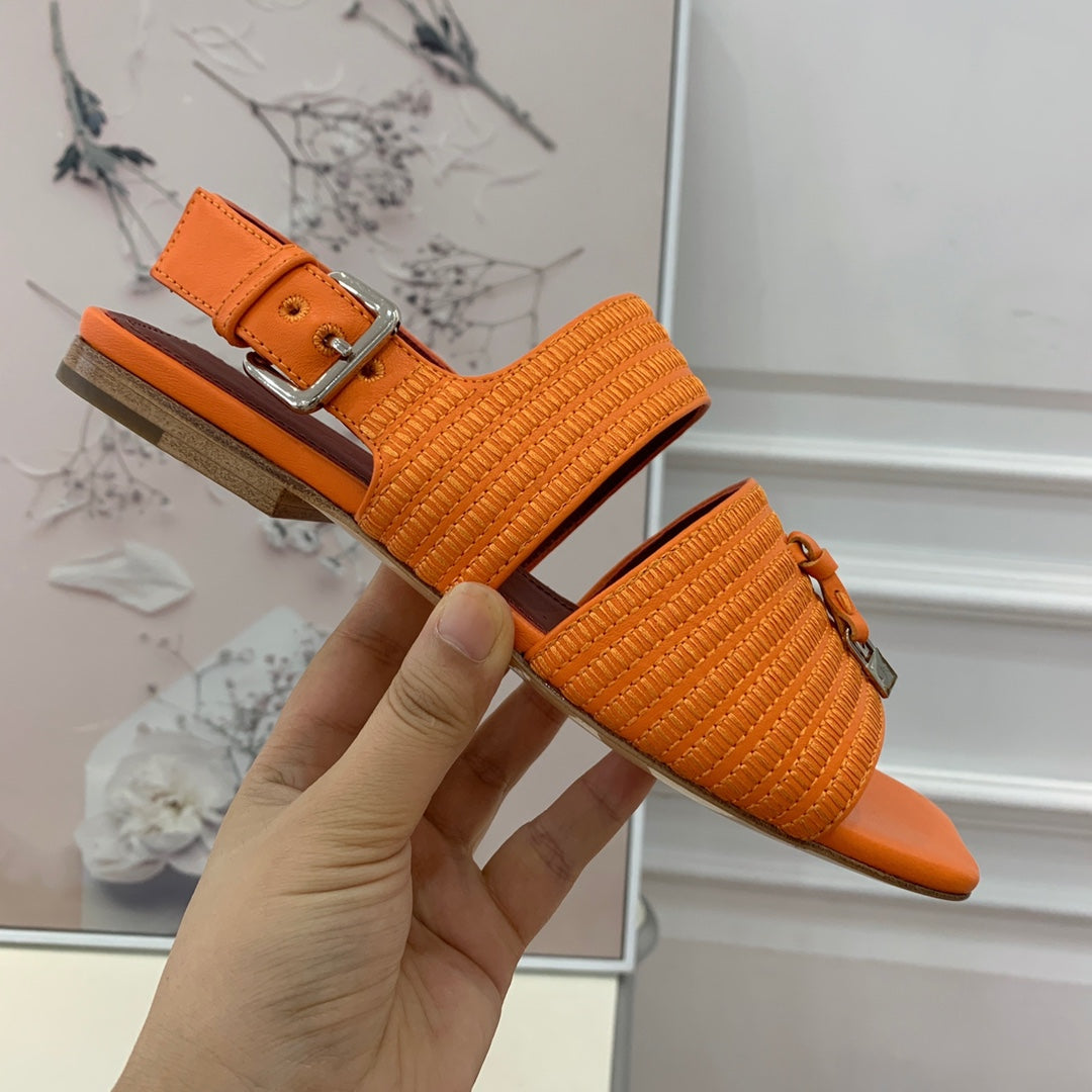 LP RAFFIA CHARMS STRAP FLATS SANDAL ORANGE CALFSKIN