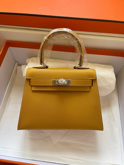 KELLY MINI 20 BAG IN DIJON YELLOW CALFSKIN WITH GOLD HARDWARE