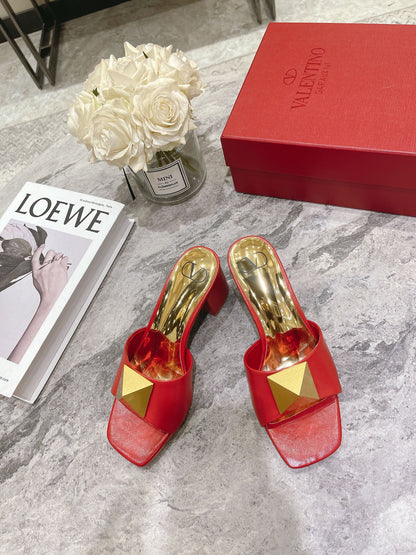 ONE STUD HEELED MULE 60 MM IN CHERRY RED CALFSKIN