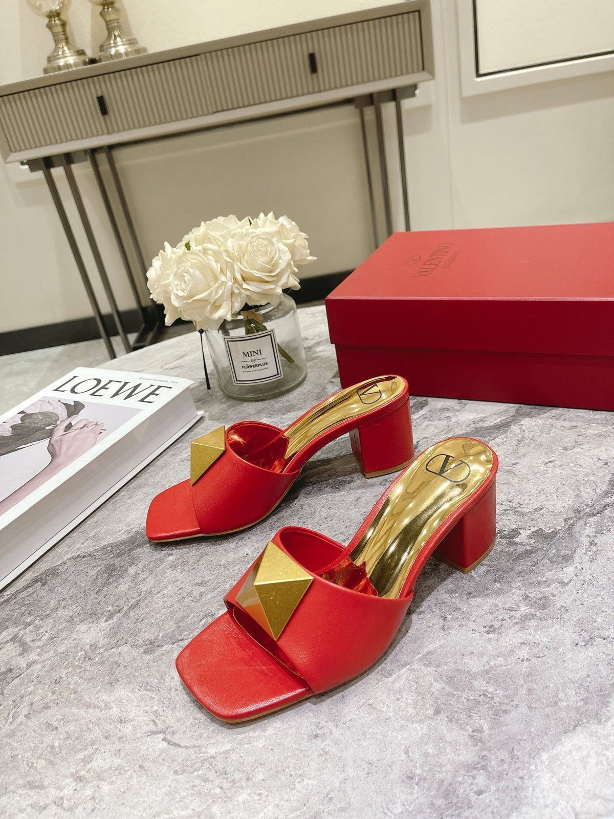 ONE STUD HEELED MULE 60 MM IN CHERRY RED CALFSKIN