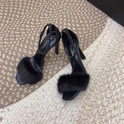 HIGH HEELS SQUARE TOE IN BLACK MINK FUR