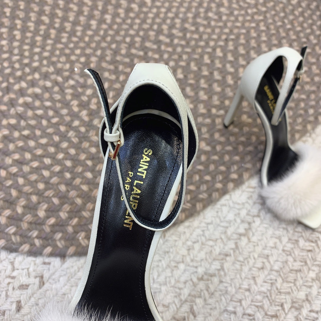 HIGH HEELS SQUARE TOE IN WHITE MINK FUR