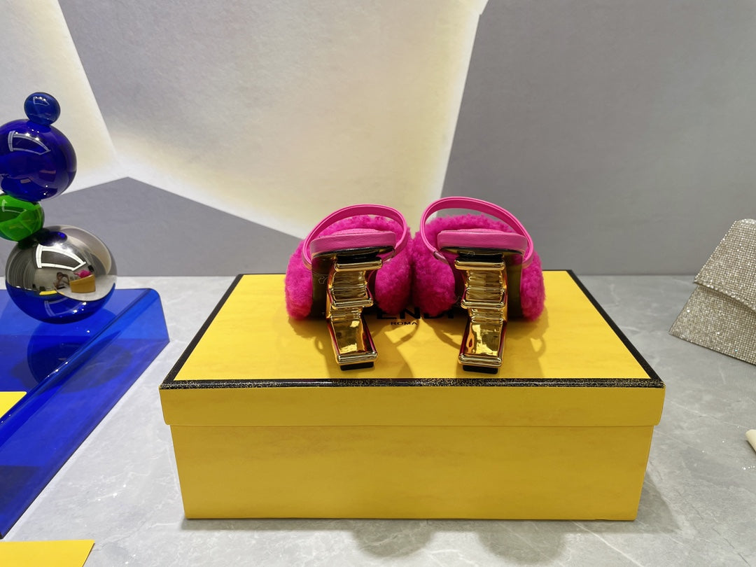 FENDI FIRST HIGH HEEL 95 MM SANDAL IN BRIGHT PINK MINK FUR