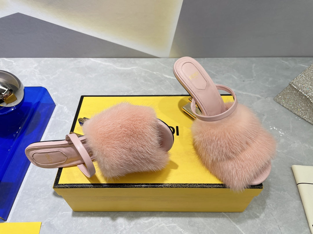 FENDI FIRST HIGH HEEL 95 MM SANDAL IN LIGHT PINK MINK FUR
