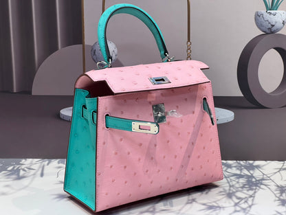 KELLY BAG 20 IN FLAMINGO PINK MIX CYAN BLUE OSTRICH LEATHER WITH SILVER HARDWARE